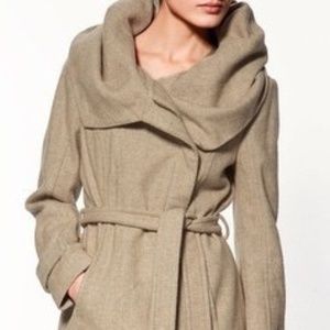 ZARA BASIC Belted 50% Wool Light Carmel Coat Size Medium (2 sides pockets)